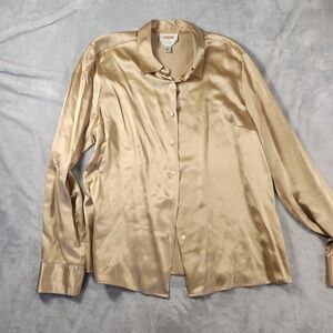 Vintage Talbots Women PURE Silk Beige Button Down Blouse Satin size 14